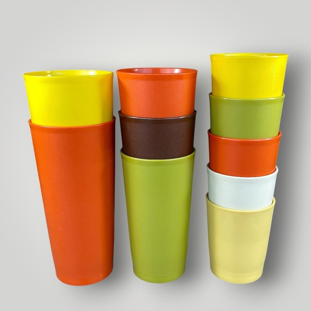 Tupperware Tumblers Harvest Colors Plastic Glassware Mixed Sizes Set 10 1970s